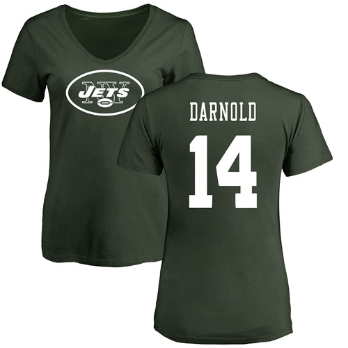 New York Jets Green Women Sam Darnold Name and Number Logo NFL Football #14 T Shirt->women nfl jersey->Women Jersey